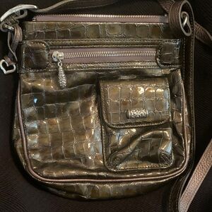 Brighton Pewter Grey Croc-Embossed Messenger Bag with Silver Accents